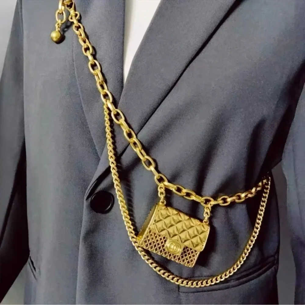 Mini Double Fashion Tassel Gold Chain Belt with mini Bag - Picture 3 of 16